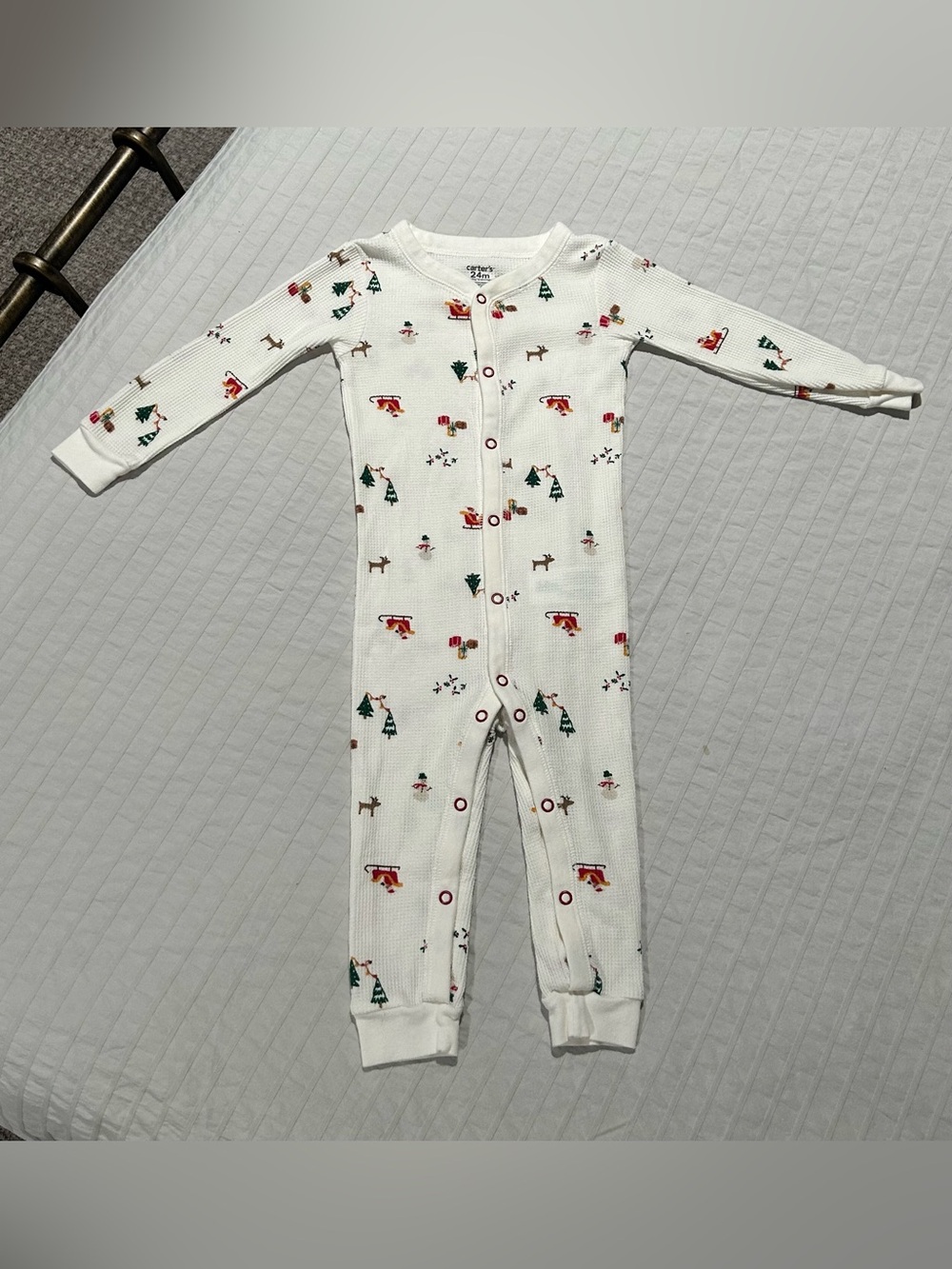 Carter's White Waffle-Knit Holiday Print One-Piece